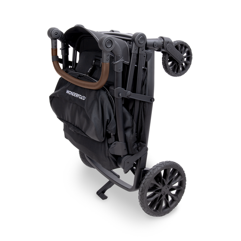 Black stroller with brown handle on a white background