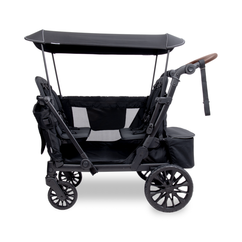 Black stroller with canopy on a white background