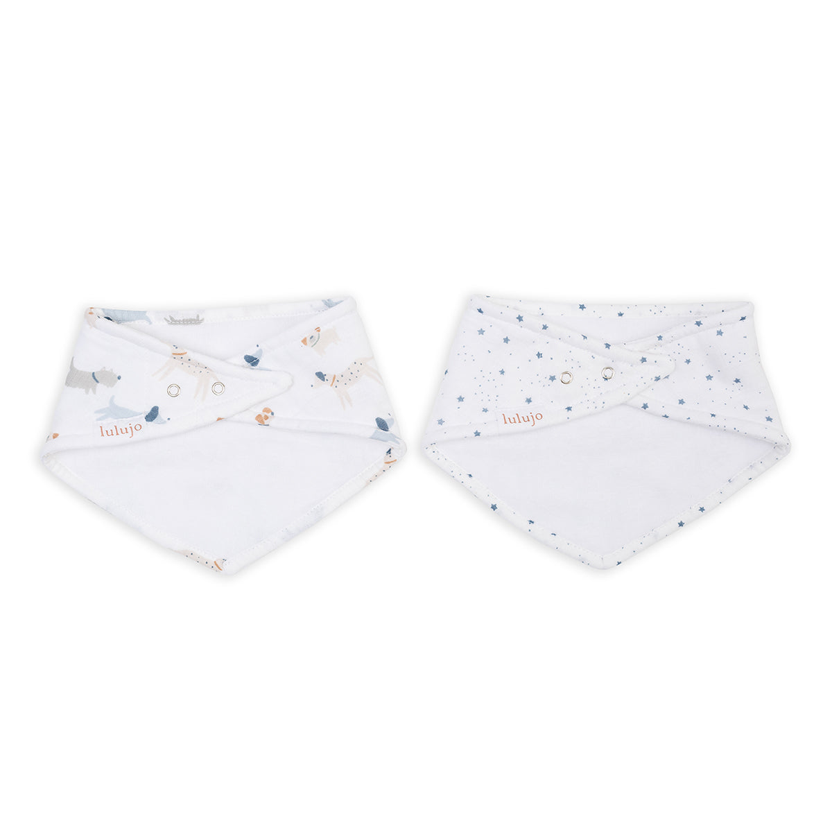 Two baby bibs with printed designs on a white background
