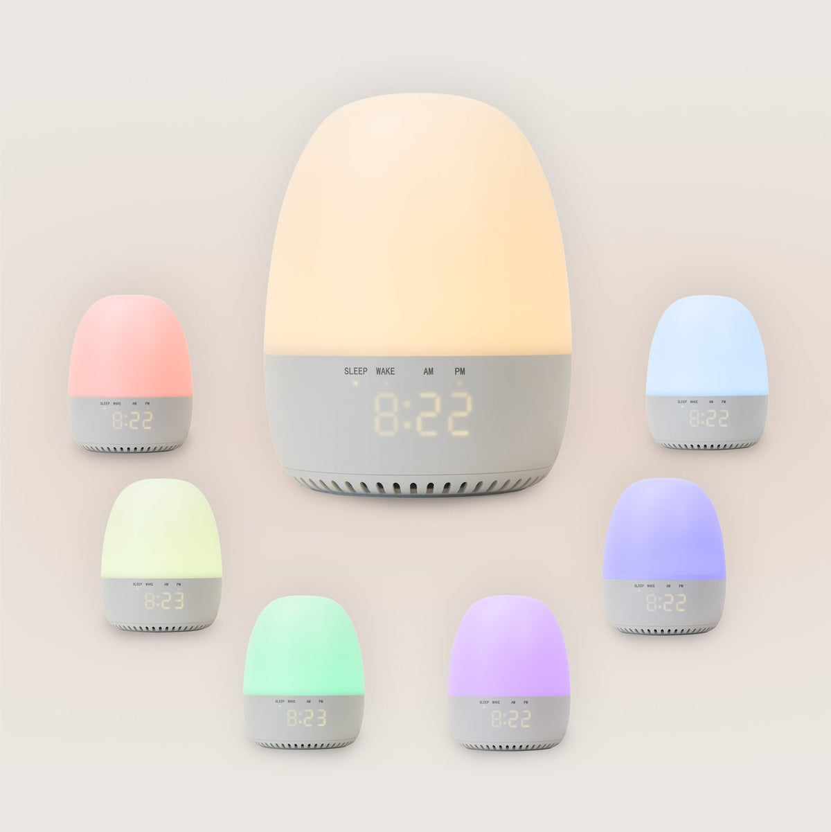 Set of colorful smart home devices with digital displays on a light gray background