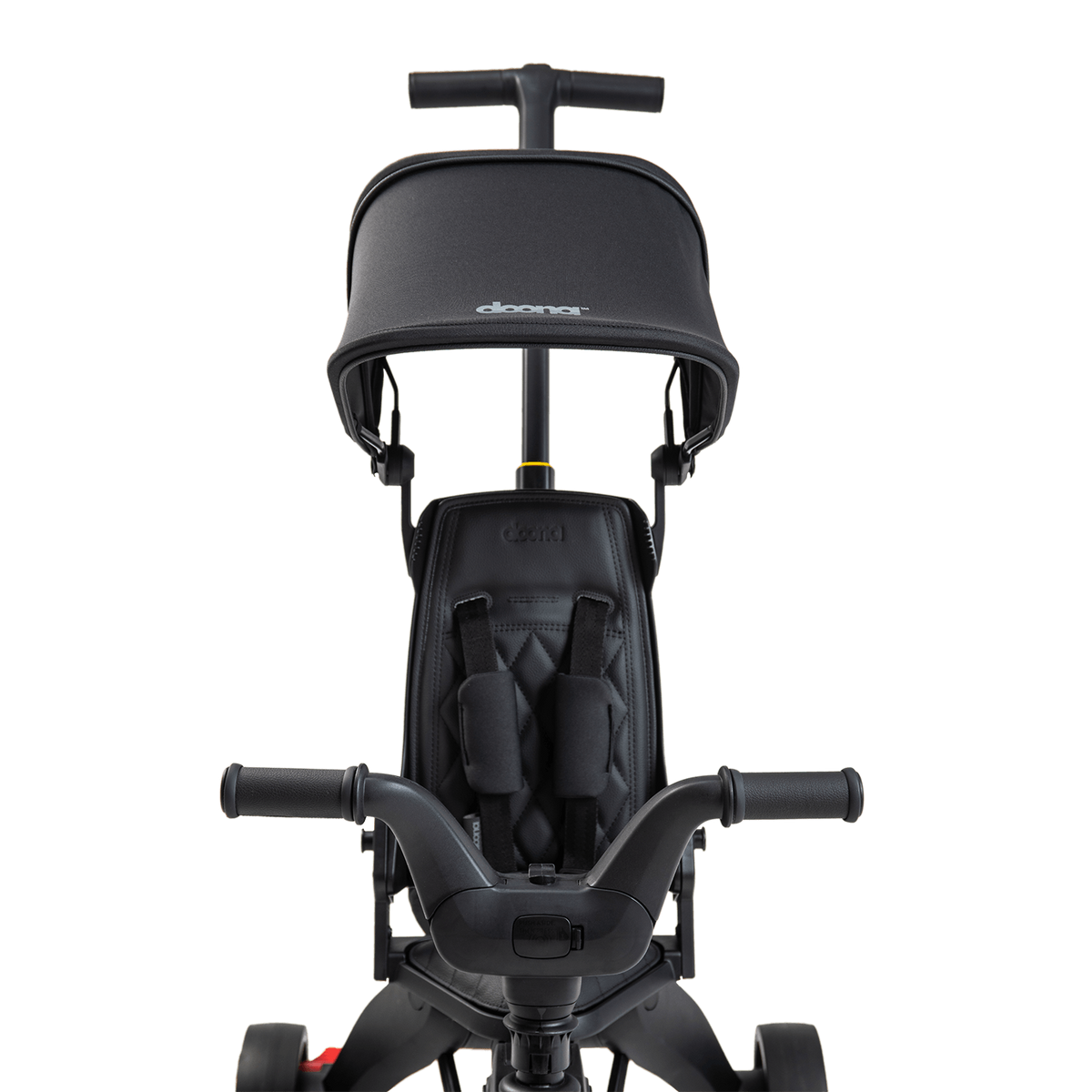 Black stroller with canopy on a white background