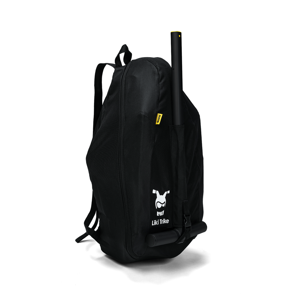 Black backpack with a handle and Liki Trike logo on a white background