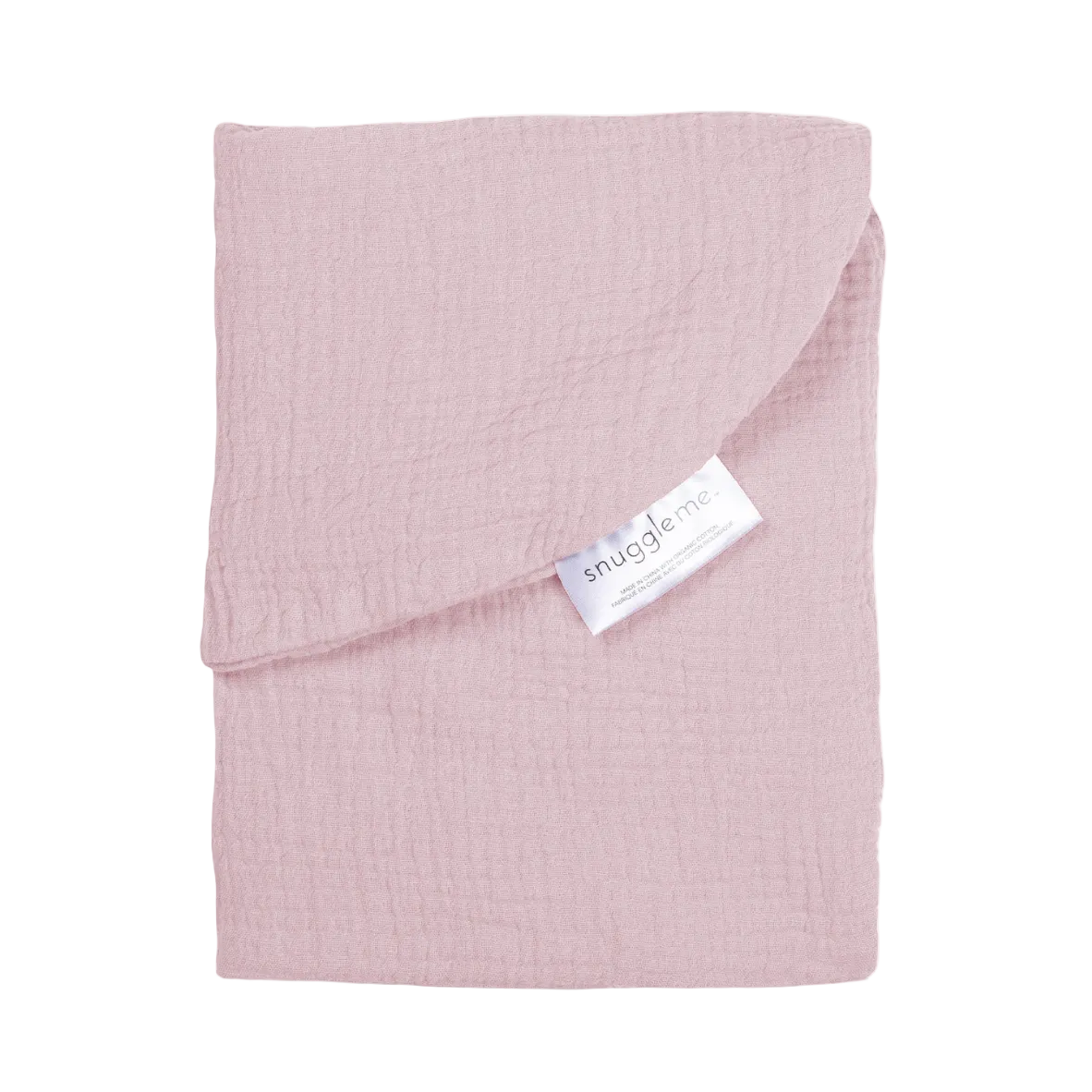 A folded dusty pink muslin baby swaddle blanket with a white Snuggle Me brand tag, shown on a solid white background.