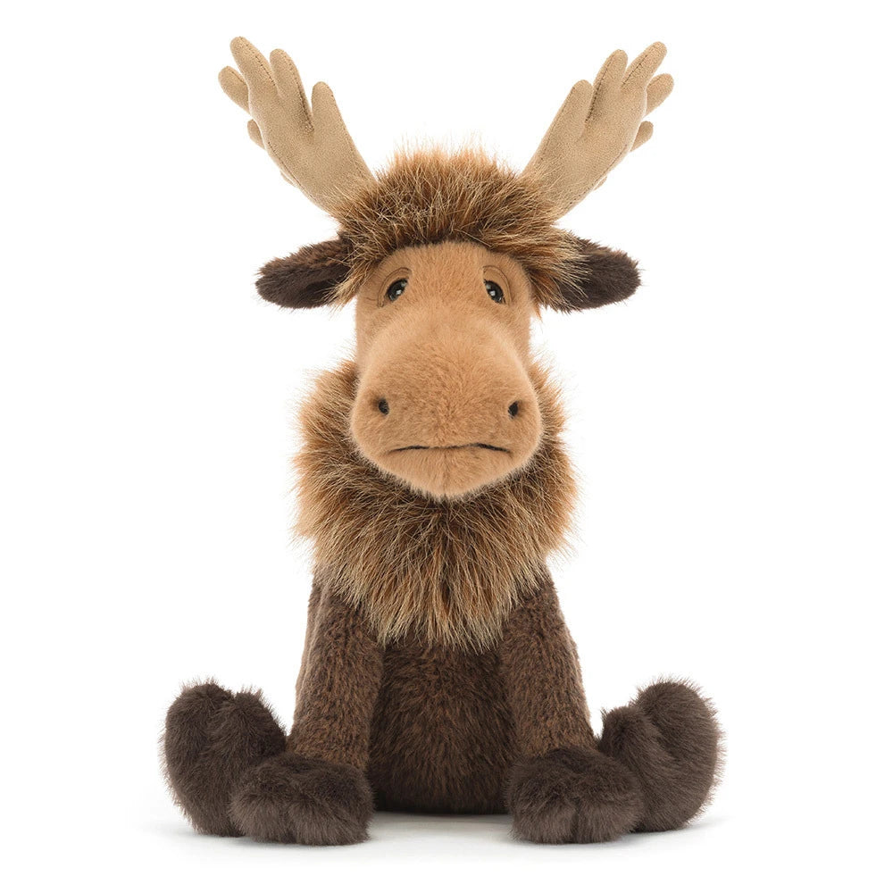 A plush moose toy with large tan antlers, a light brown snout and face, and dark brown fur, sitting against a plain white background.
