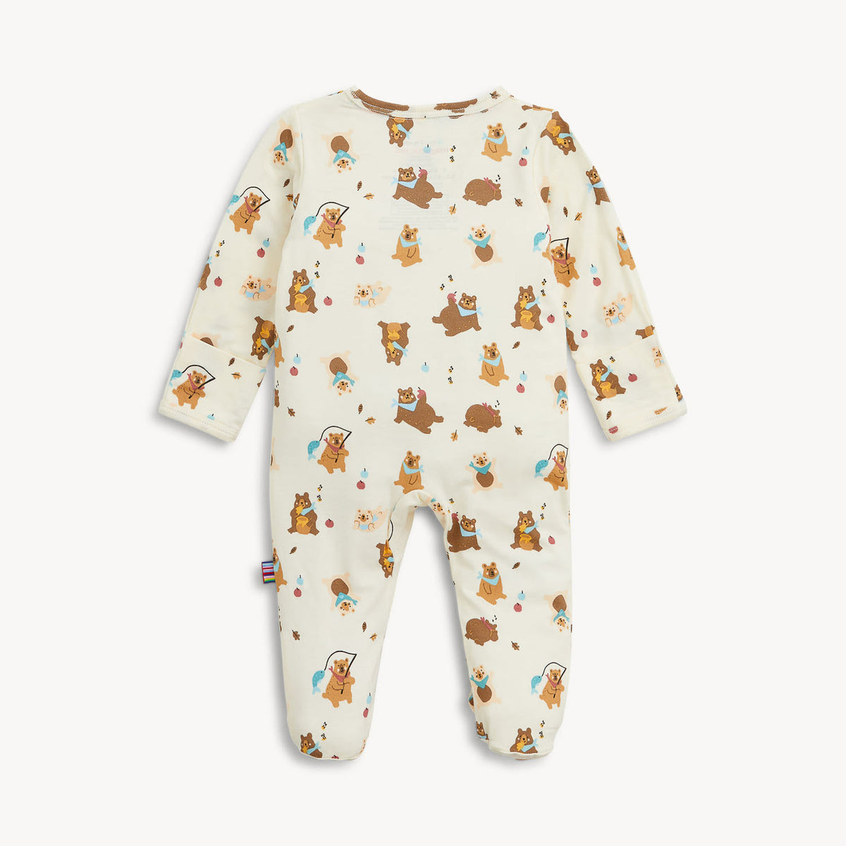 A baby long-sleeve footed sleeper in cream with an all-over print of cartoon bears, squirrels, and rabbits in brown, orange, and blue, displayed flat against a light gray background.