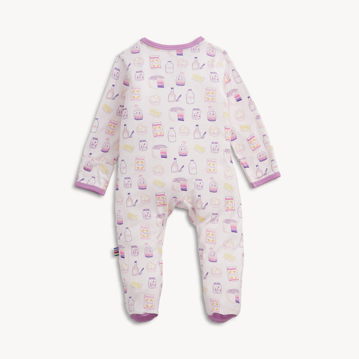 Baby onesie with colorful print on a white background