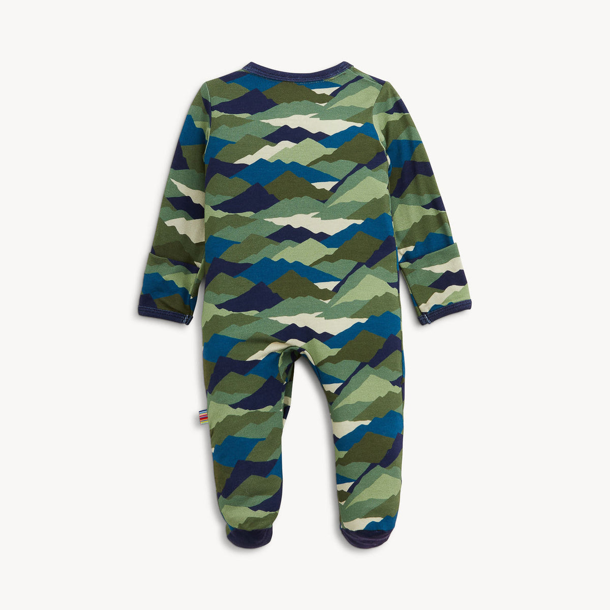 Camouflage-patterned baby onesie on a white background