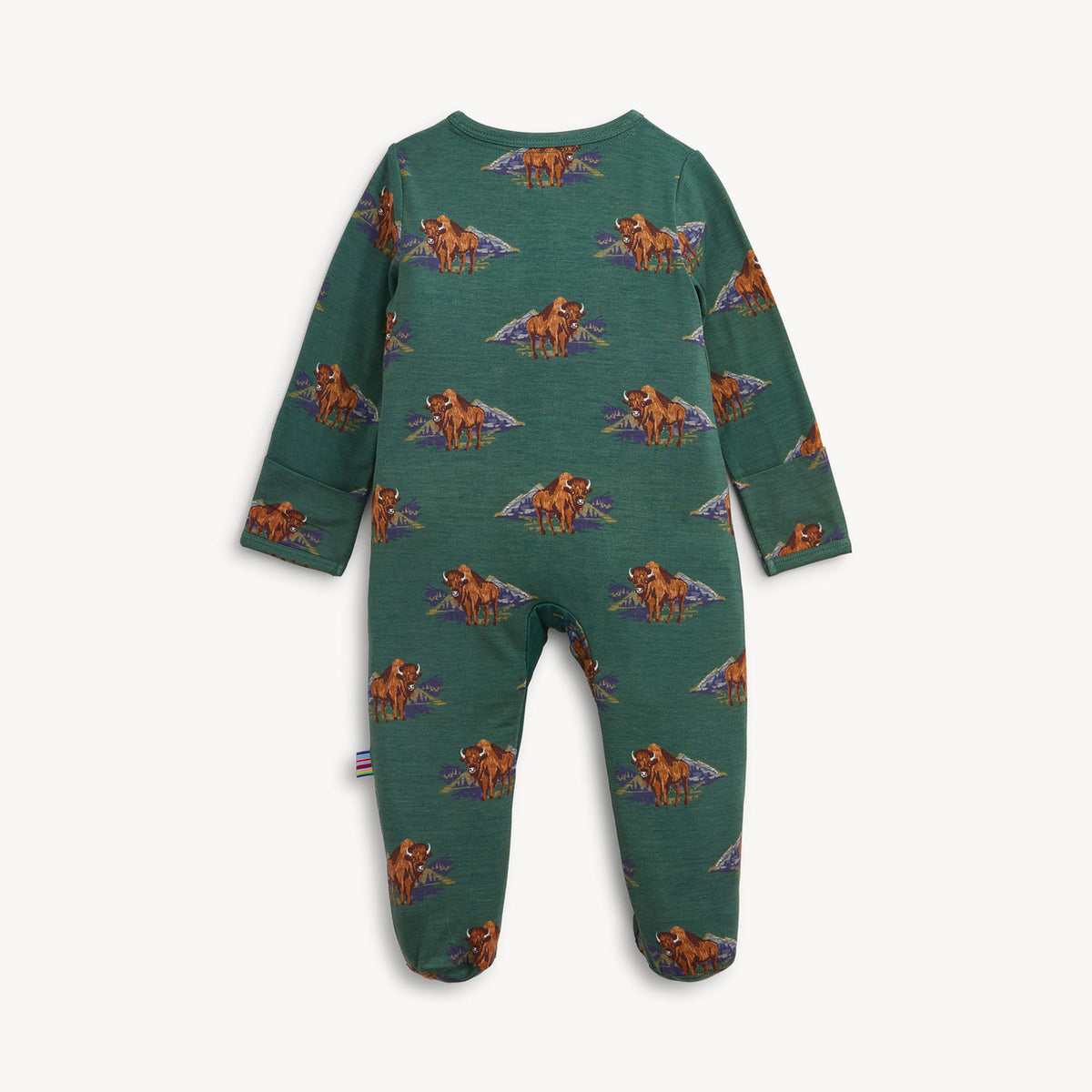 Green baby onesie with bear pattern on a white background