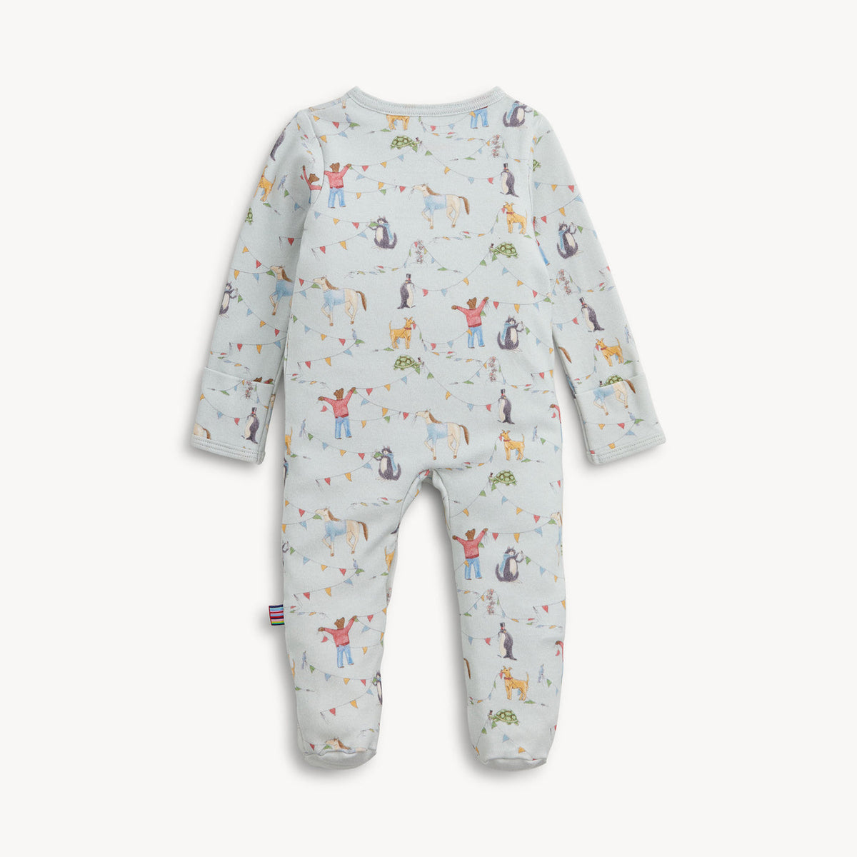 A baby long-sleeve footed one-piece romper in a light grayish-blue color, featuring an all-over playful print of penguins, horses, and people with colorful flags and trees.