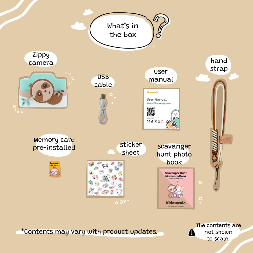 A beige packaging-style contents overview graphic showing the included items for a camera-themed product: zippy camera, USB cable, user manual, hand strap, memory card, sticker sheet, and scavenger hunt photo book, with labels and a note that contents may vary.