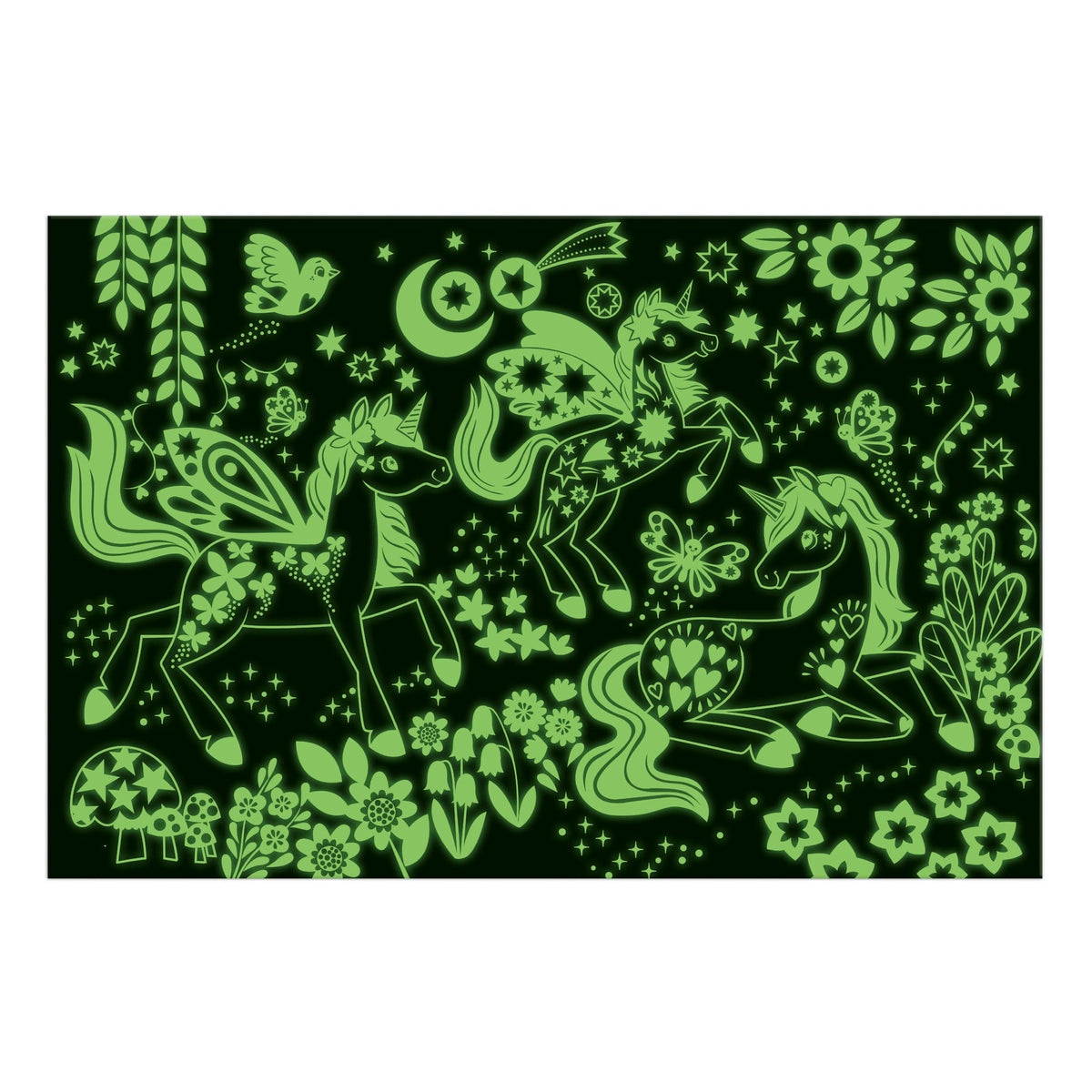 Glow-in-the-dark view of the assembled Unicorn Dreams Puzzle showing the illustrated unicorns, flowers, and stars glowing in bright green against a dark background.
