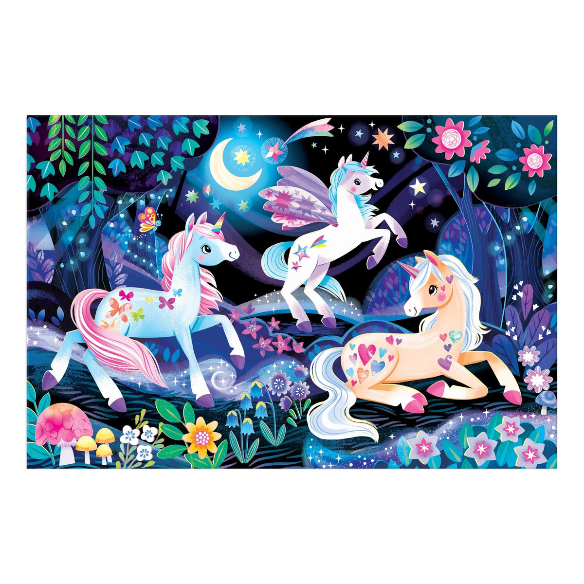 Detail view of the Unicorn Dreams 100 Piece Glow in the Dark Puzzle by Mudpuppy showing three illustrated unicorns among flowers and foliage beneath a crescent moon.