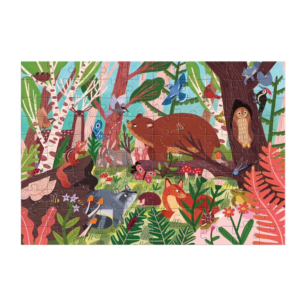Completed puzzle for the Woodland World 100 Piece Puzzle by Mudpuppy, showing a vibrant, assembled forest scene featuring woodland animals including a bear, fox, owl, raccoon, deer, and various birds among trees and foliage.