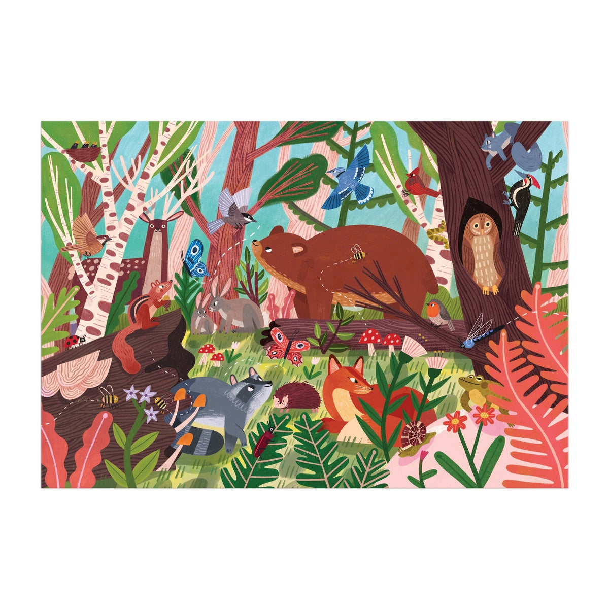 Completed puzzle for the Woodland World 100 Piece Puzzle by Mudpuppy, showing a vibrant forest scene featuring woodland animals including a bear, fox, owl, raccoon, and various birds among trees and foliage.