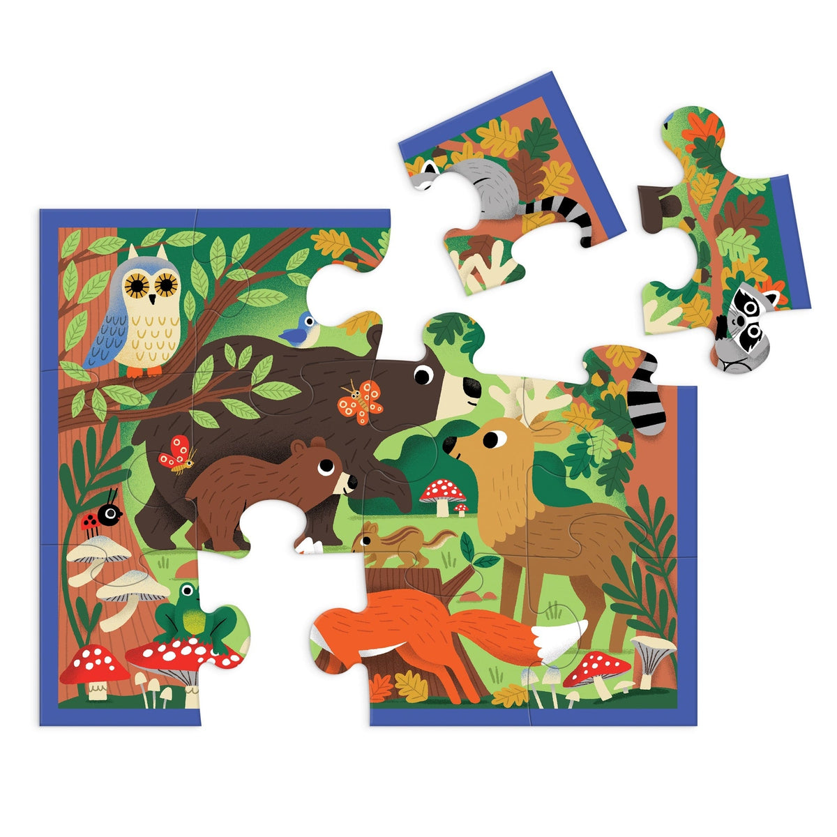 The Woodland 12-Piece Pouch Puzzle by Mudpuppy partially assembled, showing a colorful forest illustration featuring an owl, bears, a deer, a fox, and other woodland animals.