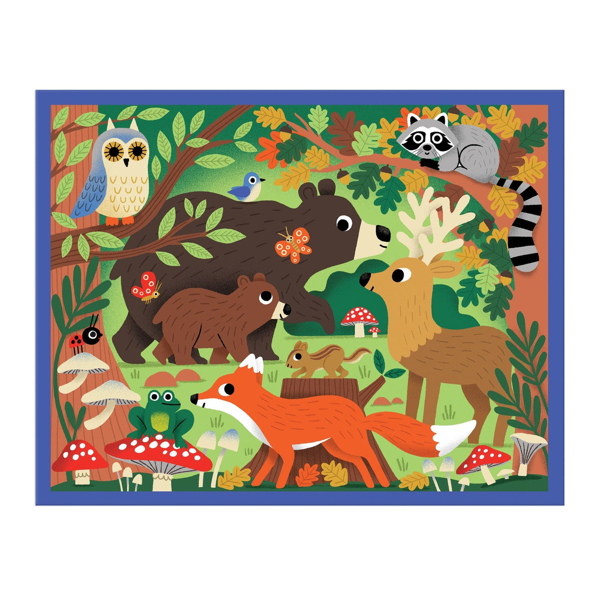 The Woodland 12-Piece Pouch Puzzle by Mudpuppy fully assembled, showcasing a vibrant forest illustration with an owl, bear, deer, fox, raccoon, and other woodland animals surrounded by trees and mushrooms.
