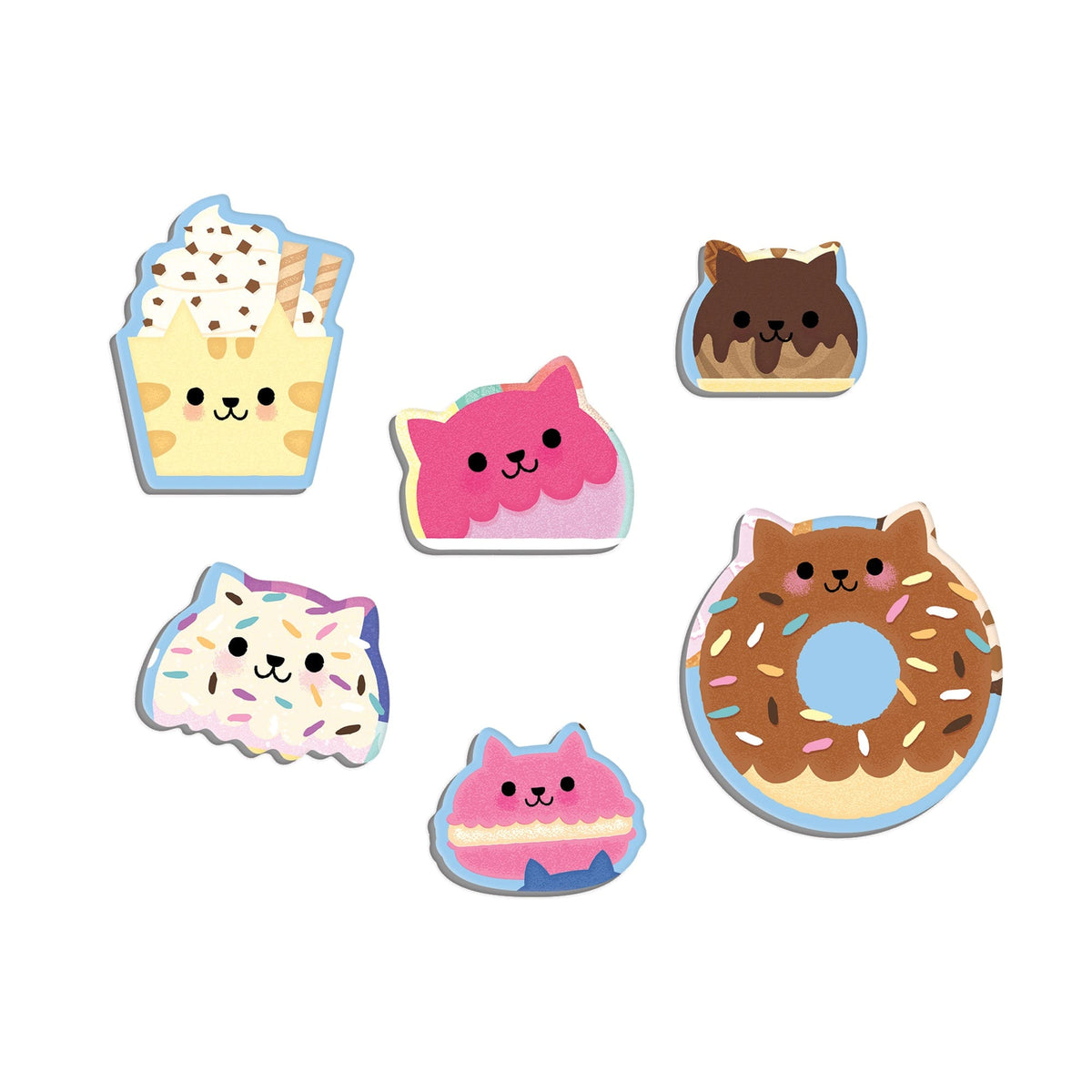 Set of cute, cartoon-style food and animal-shaped stickers on a white background