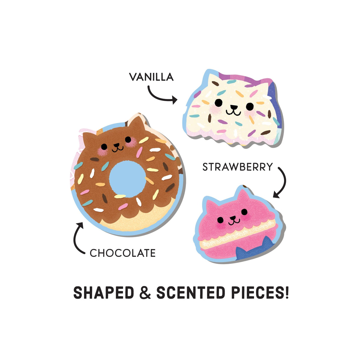 Three shaped and scented pieces labeled 'Vanilla', 'Strawberry', and 'Chocolate' on a white background.