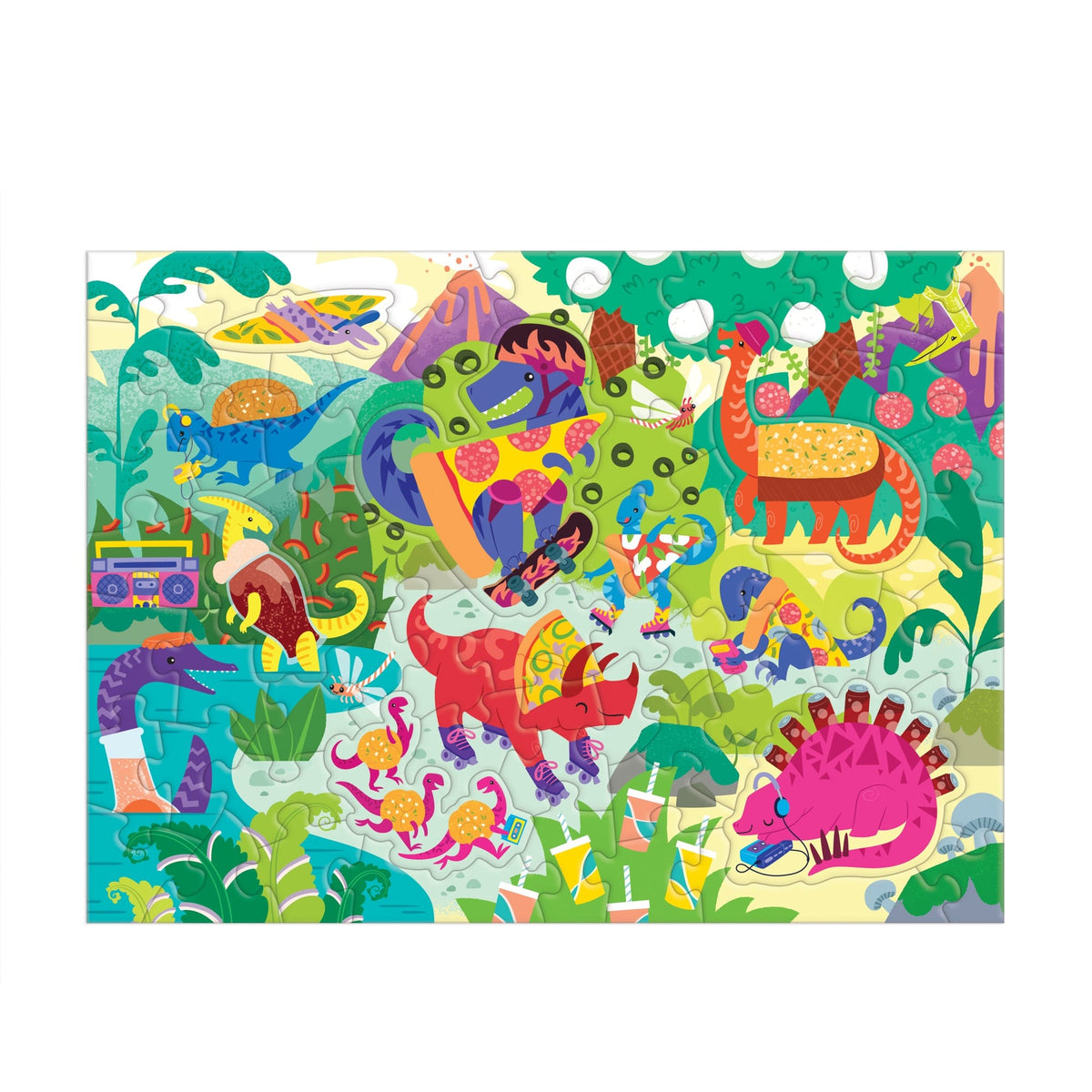 A colorful cartoon illustration for the Pizzasaurus scratch and sniff puzzle, featuring various dinosaurs enjoying pizza, drinks, and music in a prehistoric jungle setting.
