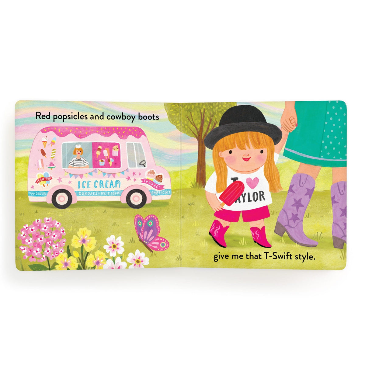 Children's book page with a girl in cowboy boots and a pink ice cream truck.