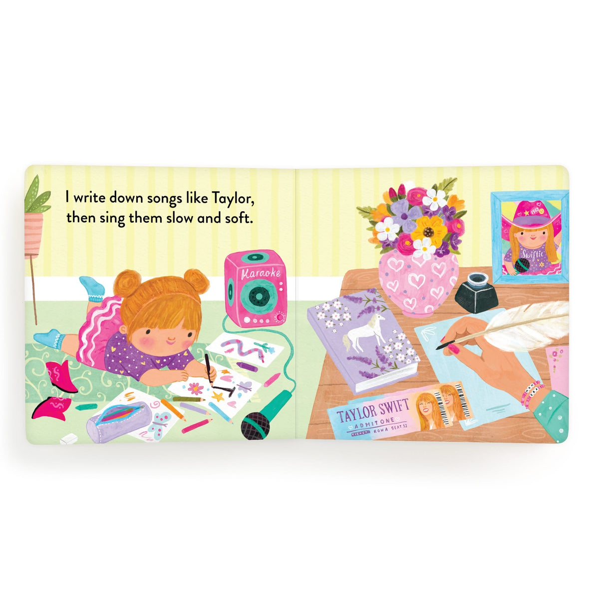 Children's book with illustrations of a girl writing and a table with stationery items on a white background.