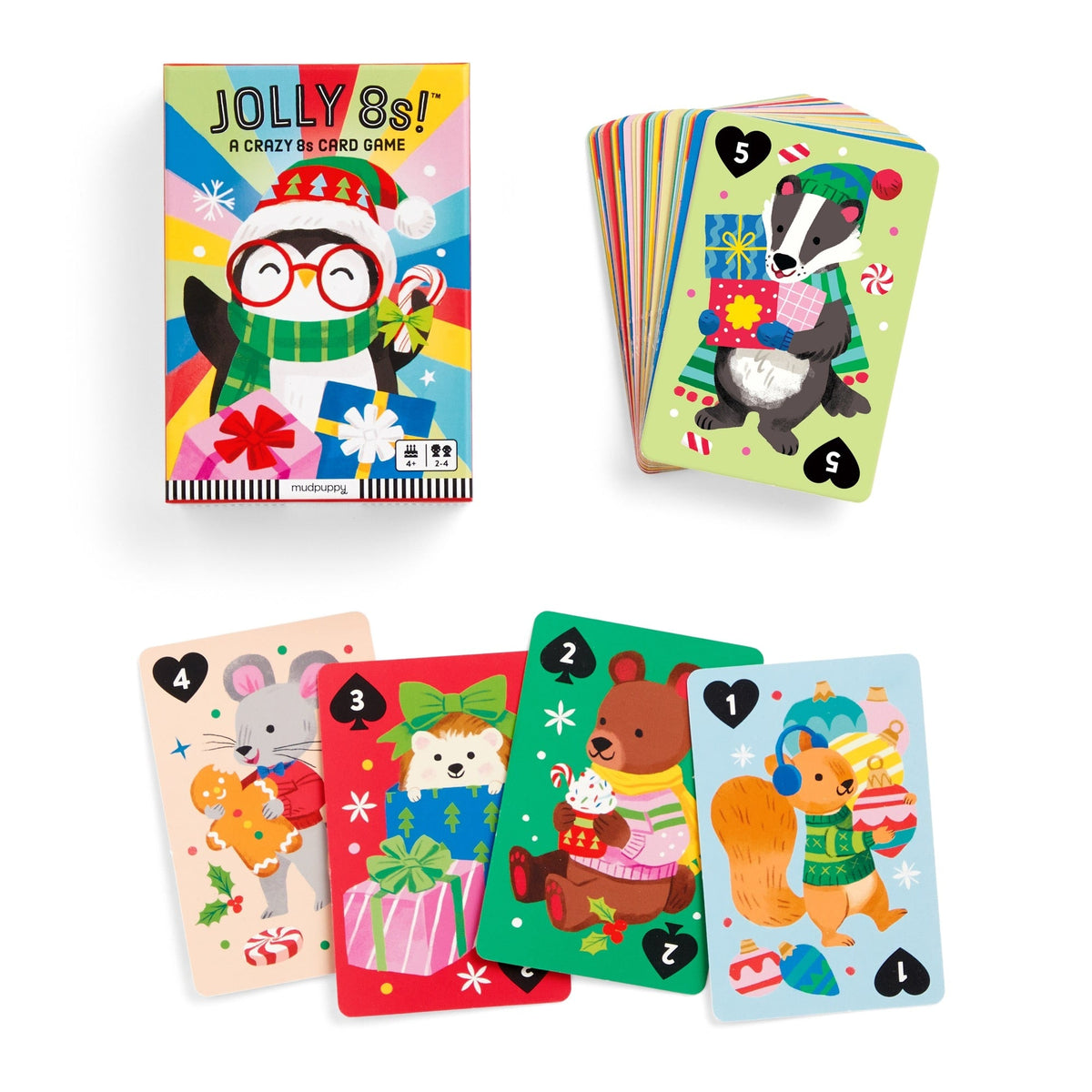 Jolly 8s! Card Game by Mudpuppy game box, a fan of cards, and several playing cards featuring holiday illustrations of a badger, mouse, polar bear, bear, and squirrel.