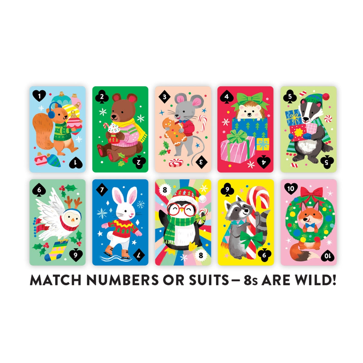 Ten playing cards from Jolly 8s! Card Game by Mudpuppy numbered 1 through 10, featuring holiday animal illustrations such as a squirrel, bear, mouse, and badger, with text below reading "MATCH NUMBERS OR SUITS - 8s ARE WILD!".