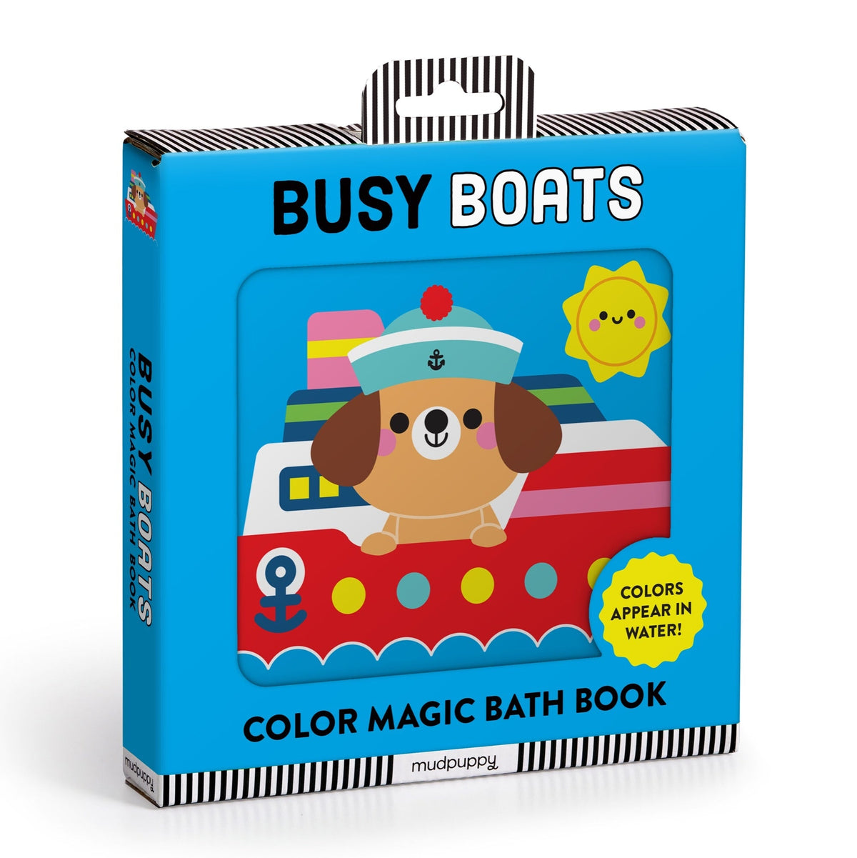 Color Magic Bath Book - Busy Boats featuring a friendly dog captain on a red and white boat against a bright blue background with a smiling sun and the title "BUSY BOATS" and banner reading "COLOR MAGIC BATH BOOK".
