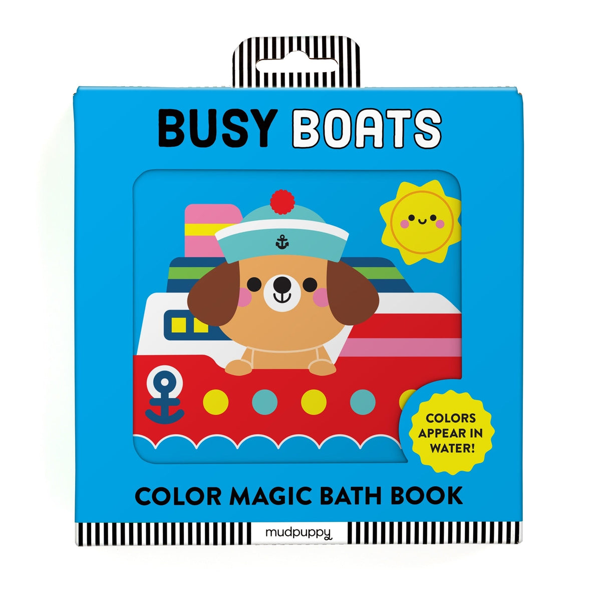 Color Magic Bath Book - Busy Boats featuring a friendly dog captain on a red and white boat against a bright blue background with a smiling sun and the title "BUSY BOATS" and banner reading "COLOR MAGIC BATH BOOK".