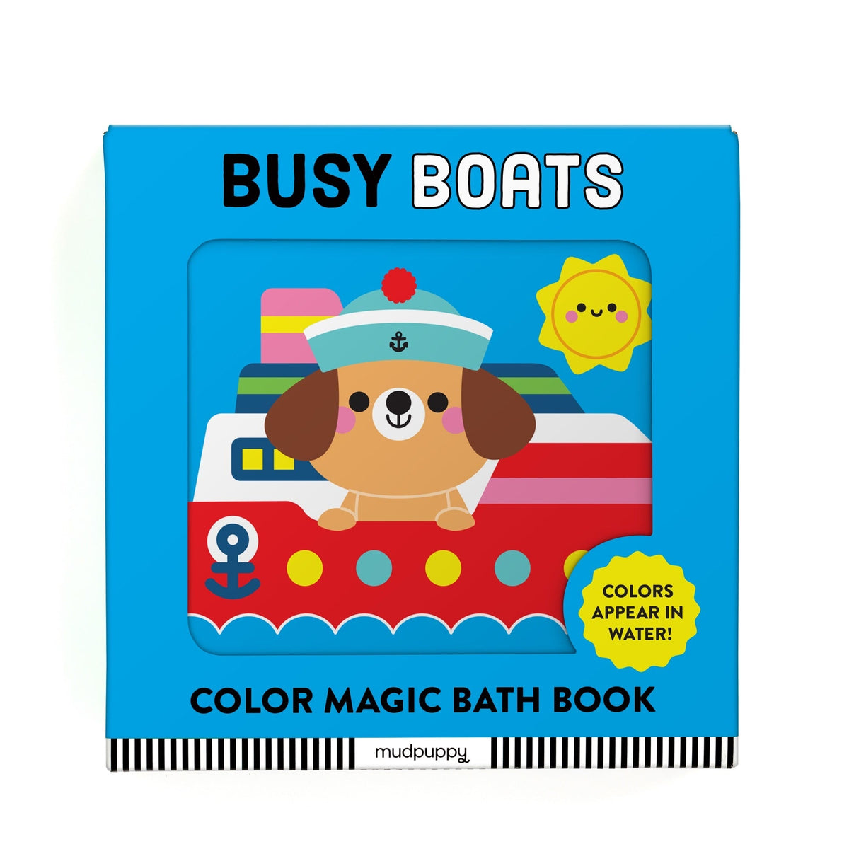 Color Magic Bath Book - Busy Boats featuring a friendly dog captain on a red and white boat against a bright blue background with a smiling sun and the text "COLORS APPEAR IN WATER!".
