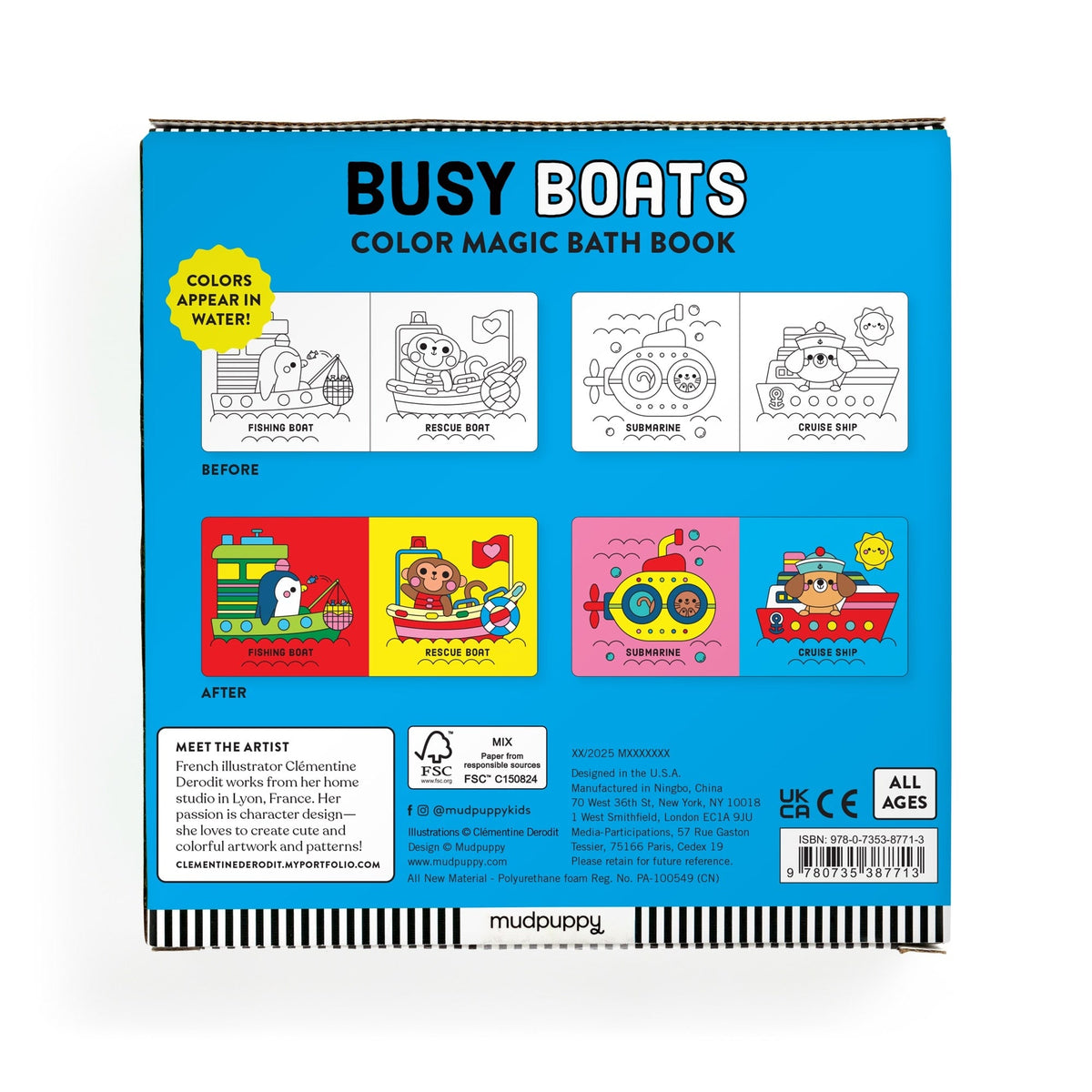 Color Magic Bath Book - Busy Boats featuring the back cover showing black and white line art illustrations labeled "BEFORE" and colorful illustrations labeled "AFTER" of various boats including a fishing boat, rescue boat, submarine, and cruise ship, alongside artist information and a barcode.