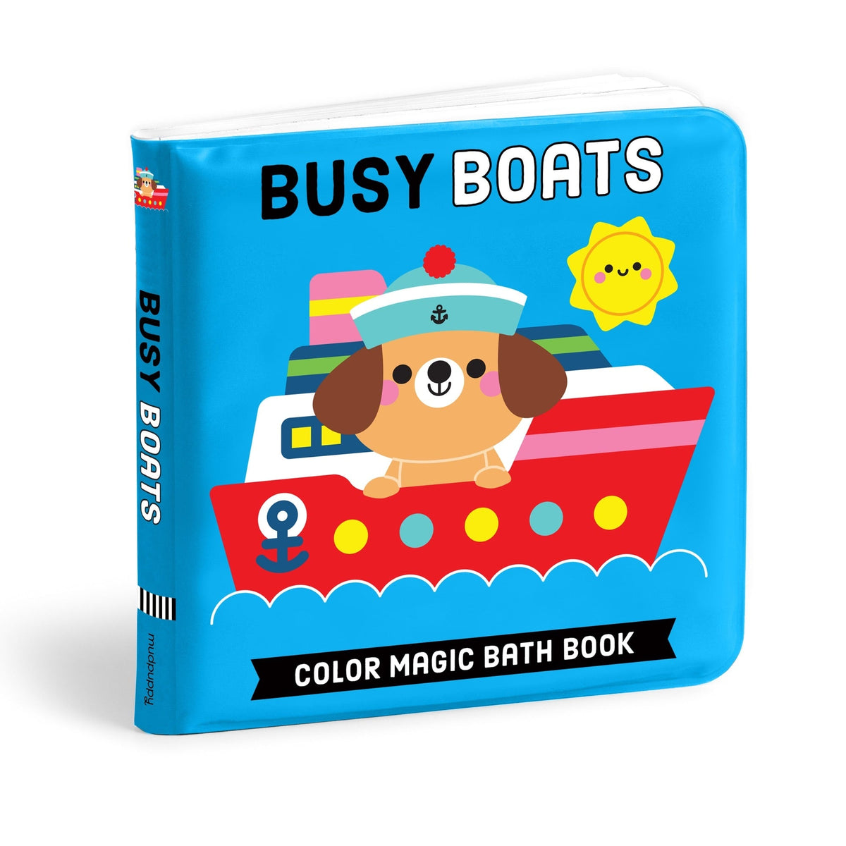 Color Magic Bath Book - Busy Boats featuring a friendly dog captain on a red and white boat against a bright blue background with a smiling sun and the title "BUSY BOATS" and banner reading "COLOR MAGIC BATH BOOK".