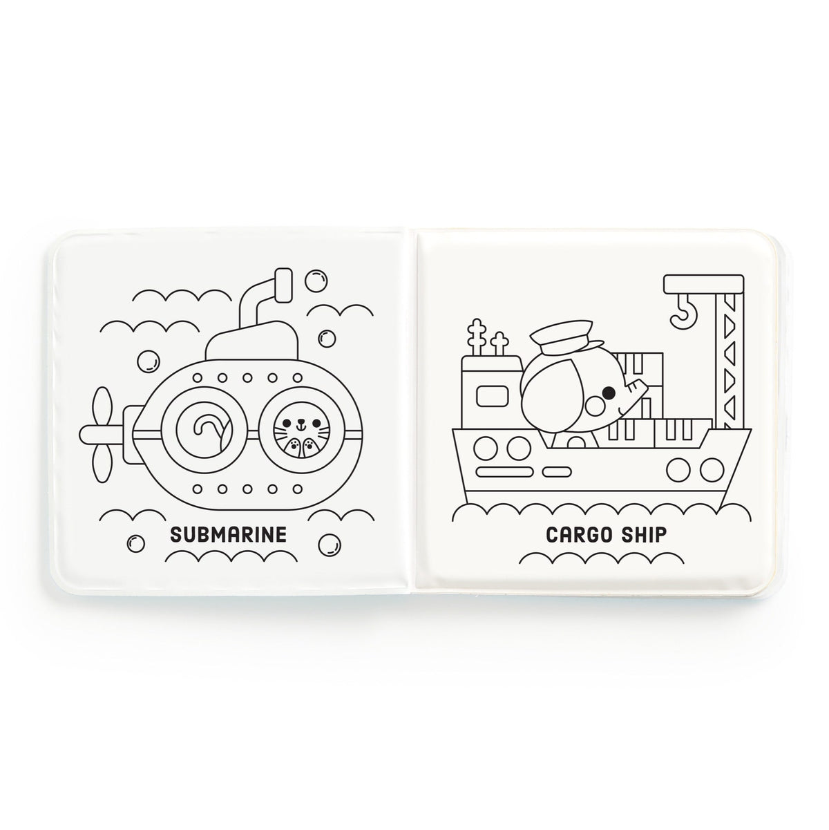 Color Magic Bath Book - Busy Boats featuring an open interior page showing black and white line art illustrations of a submarine on the left and a cargo ship with a dog captain on the right.