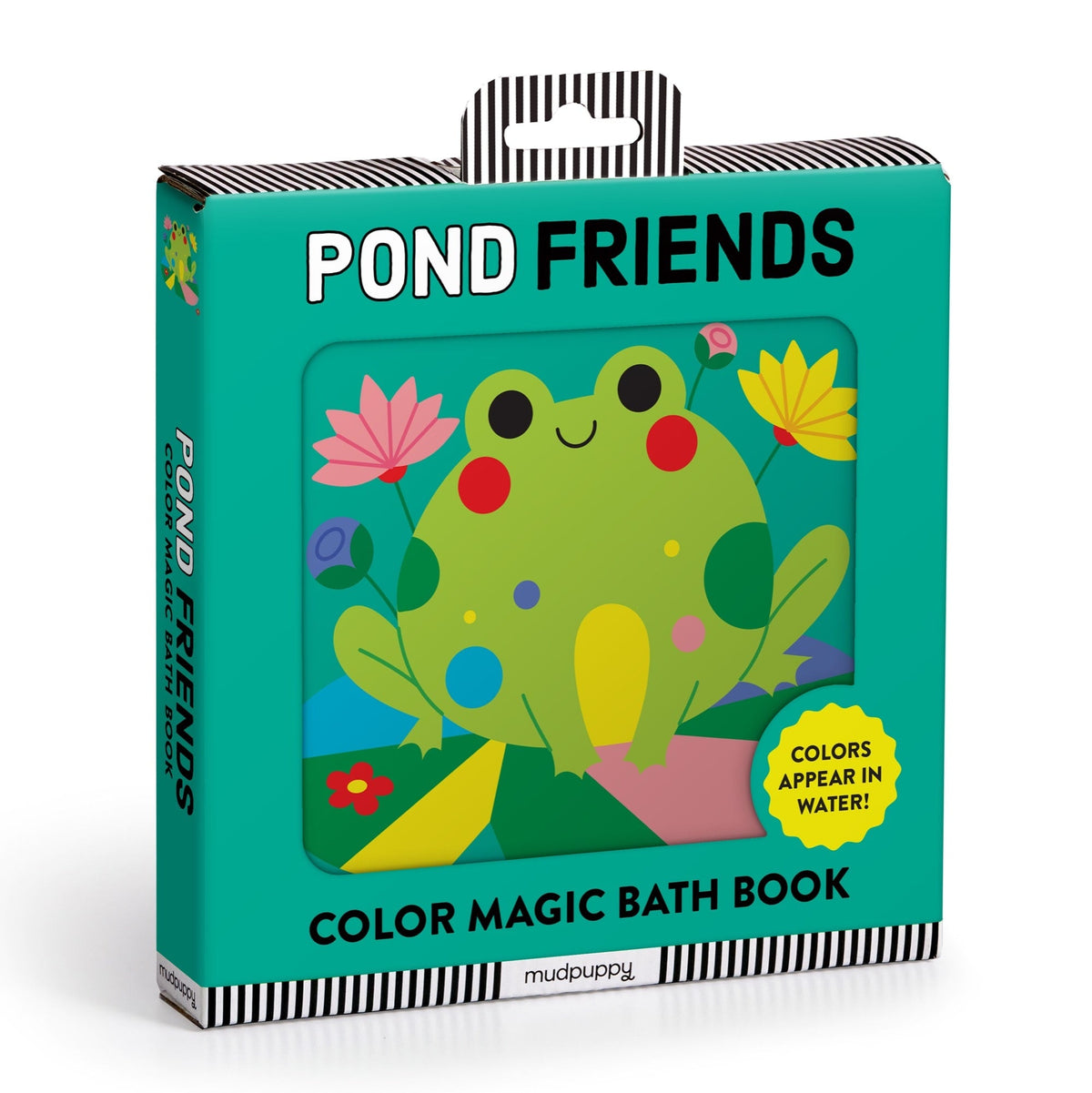 Color Magic Bath Book - Pond Friends product packaging featuring a teal cover with a smiling green frog illustration, pink cheeks, and yellow flowers, with text that reads "POND FRIENDS" and "COLORS APPEAR IN WATER!".