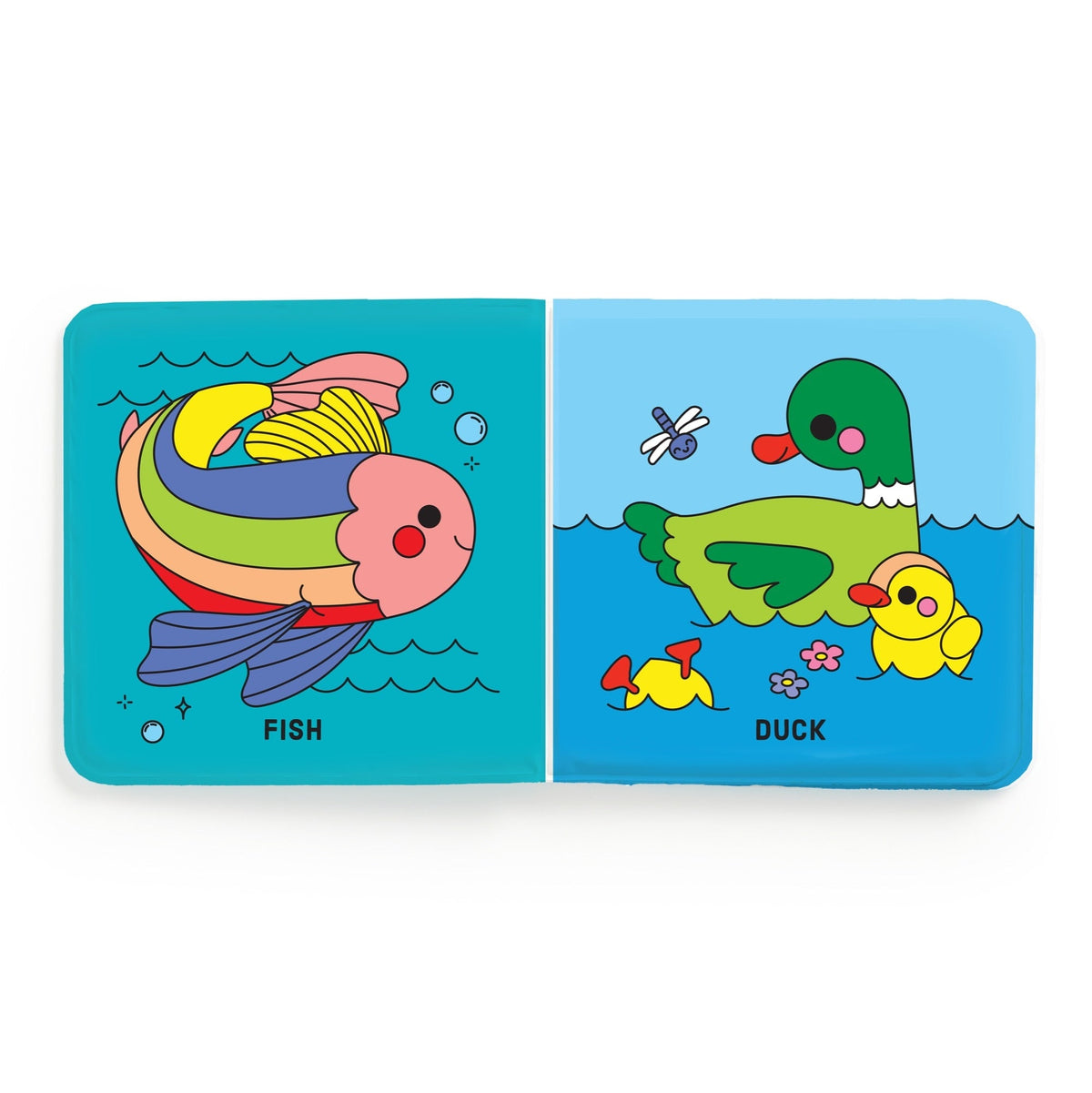 Color Magic Bath Book - Pond Friends interior spread featuring black-and-white line art illustrations of a large, colorful-finned fish labeled "FISH" on the left page and a mother duck with her ducklings labeled "DUCK" on the right page.