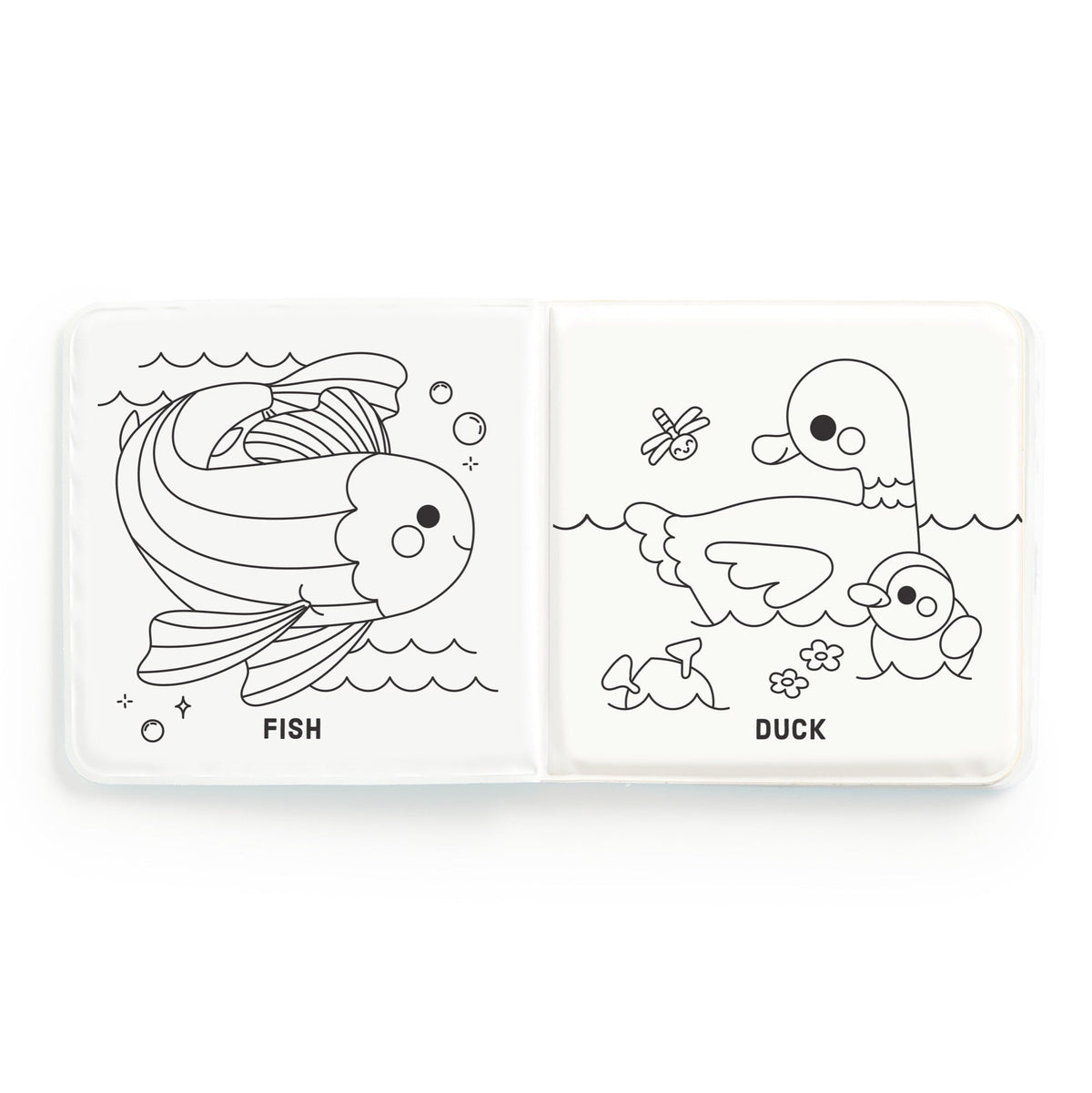 Color Magic Bath Book - Pond Friends interior spread showing black-and-white line art illustrations of a large fish labeled "FISH" on the left page and a mother duck with a duckling labeled "DUCK" on the right page.