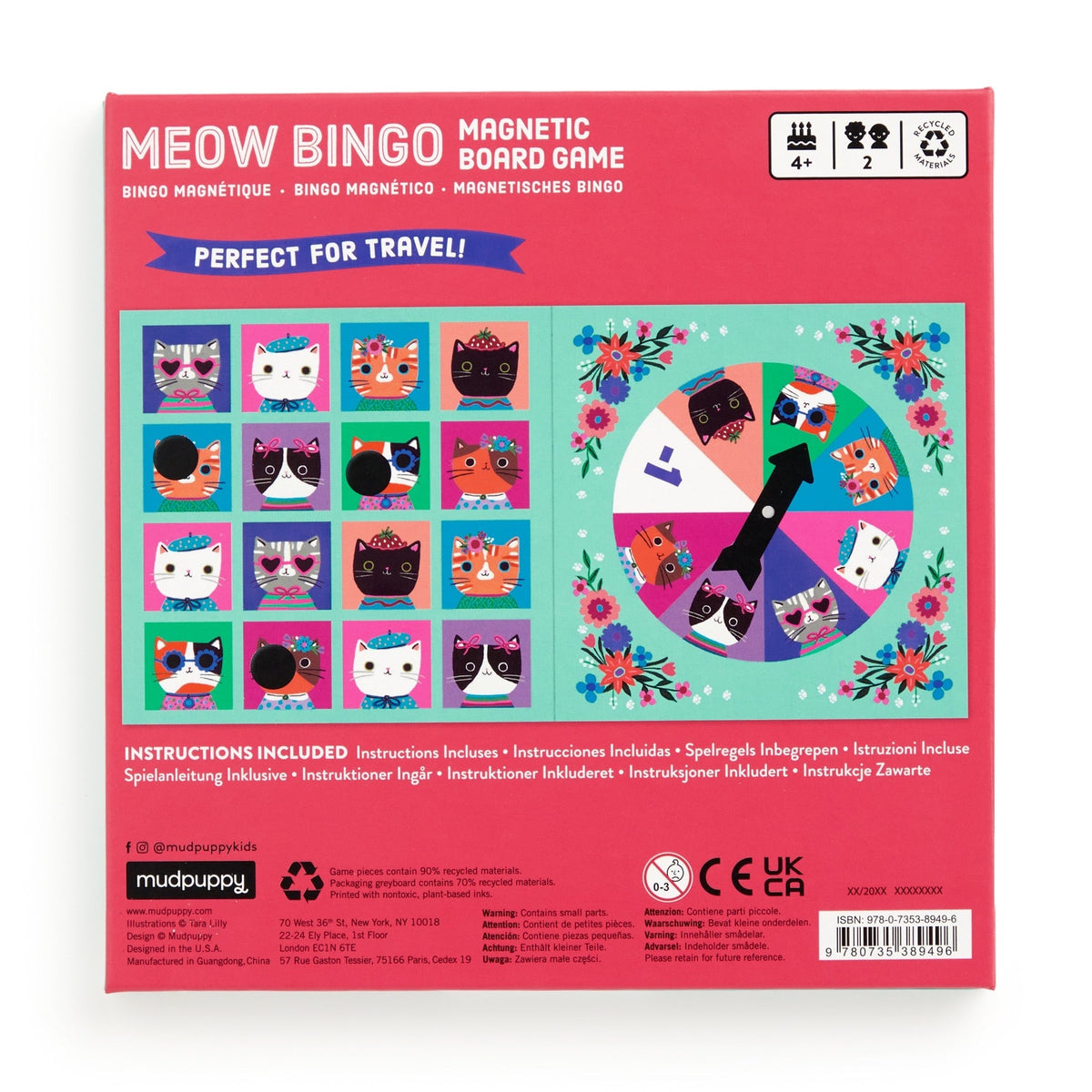 Meow Bingo magnetic board game packaging with cat illustrations on a pink background