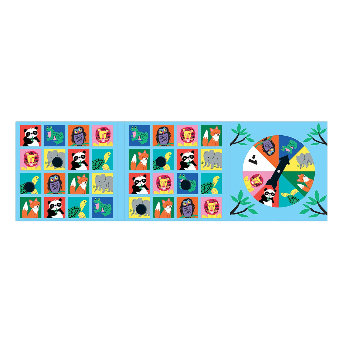 Open tri-fold portfolio of Wild Bingo Magnetic Board Game by Mudpuppy, showing two magnetic bingo grids and a spinner on the right panel.