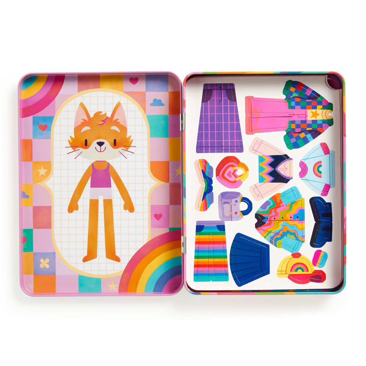 Colorful toy dress-up set with a fox character on a white background