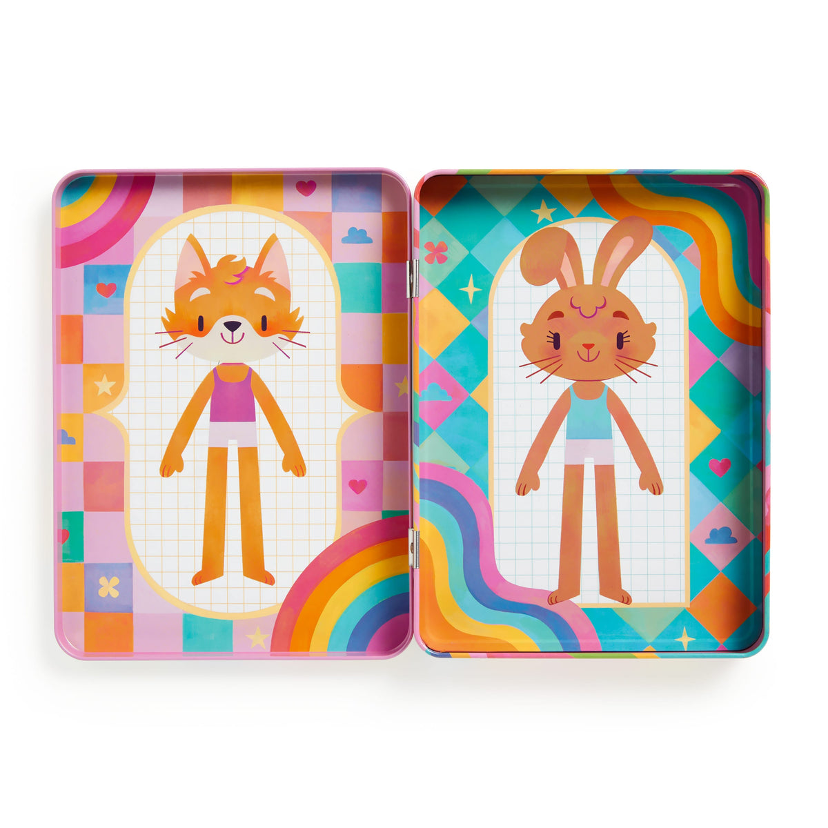 Two colorful tins featuring cartoon fox and rabbit designs on a white background