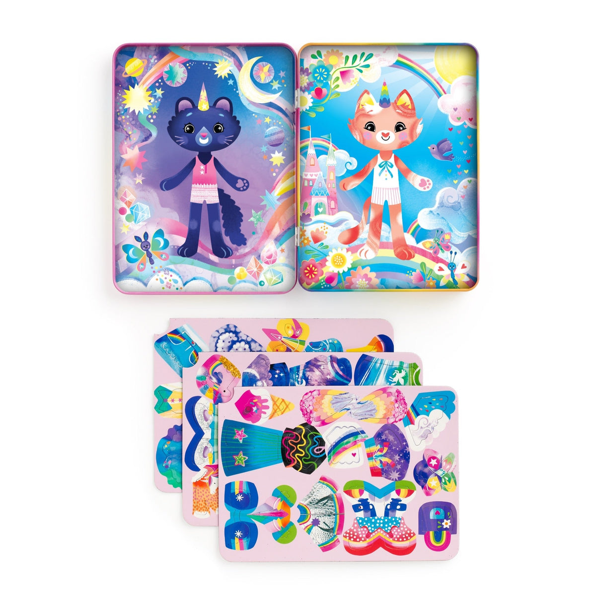 The Cat-icorn Magnetic Dress-up play set by Mudpuppy shows the open pink hinged tin displaying two background scenes, accompanied by three sheets filled with punch-out magnetic clothing and accessories.