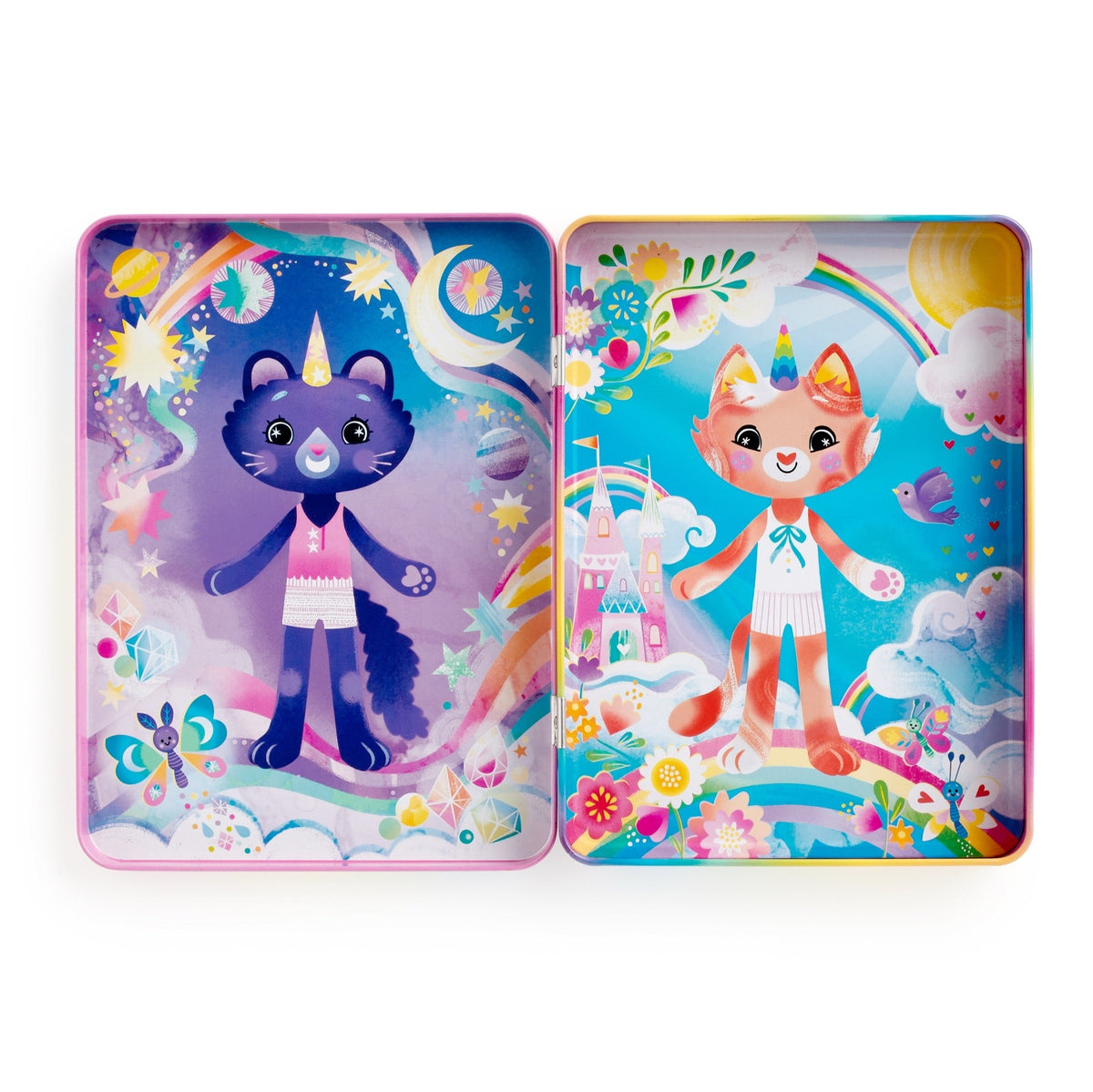 The Cat-icorn Magnetic Dress-up play set by Mudpuppy shows the open pink hinged tin displaying two different magical background scenes, each featuring a feline character ready for dress-up play.