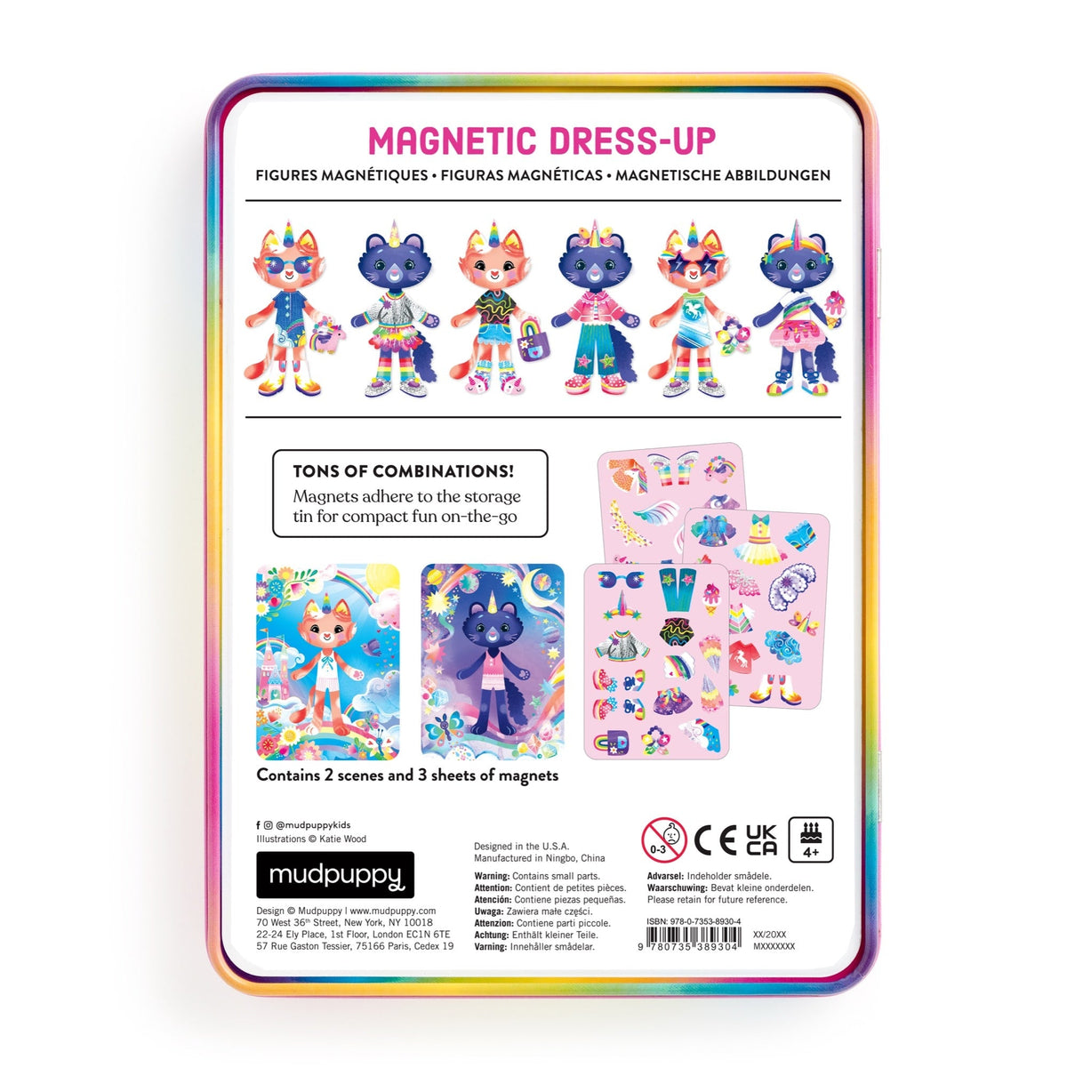 The back of the Cat-icorn Magnetic Dress-up play set by Mudpuppy displays various sample outfit combinations at the top, along with product highlights, a barcode, safety warnings, and branding information at the bottom.