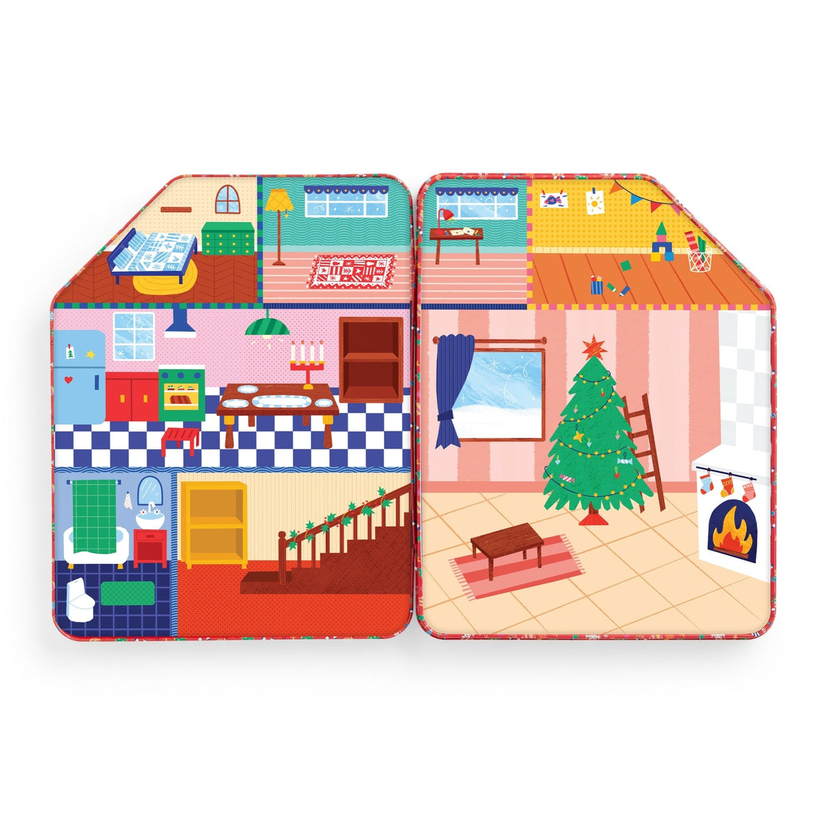 An open interior view of the Merry & Bright Magnetic Playhouse by Mudpuppy tin set, showcasing a fully decorated two-story holiday room scene featuring a Christmas tree, a fireplace with a glowing fire, and various furnished rooms filled with holiday details.
