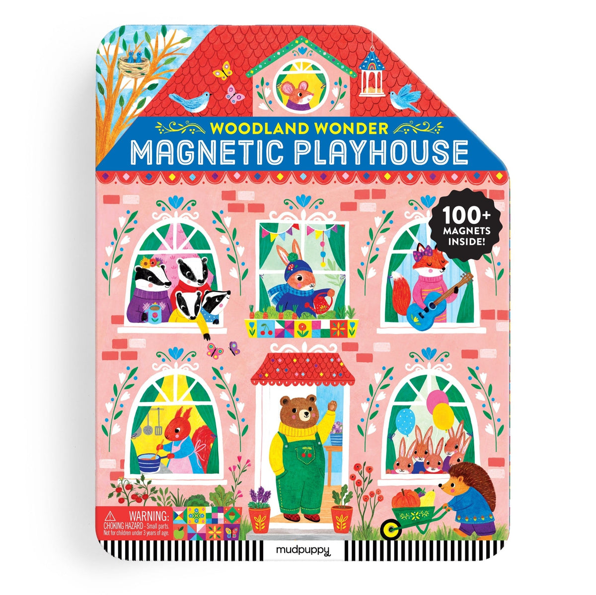 Woodland Wonder Magnetic Playhouse packaging with colorful illustrations of animals and a house.