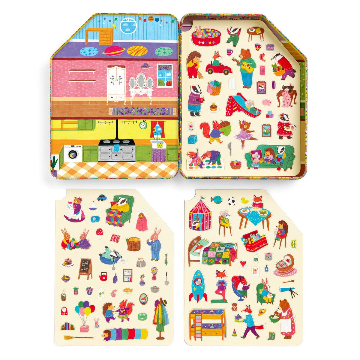 Colorful children's toy with illustrated scenes and characters on a white background