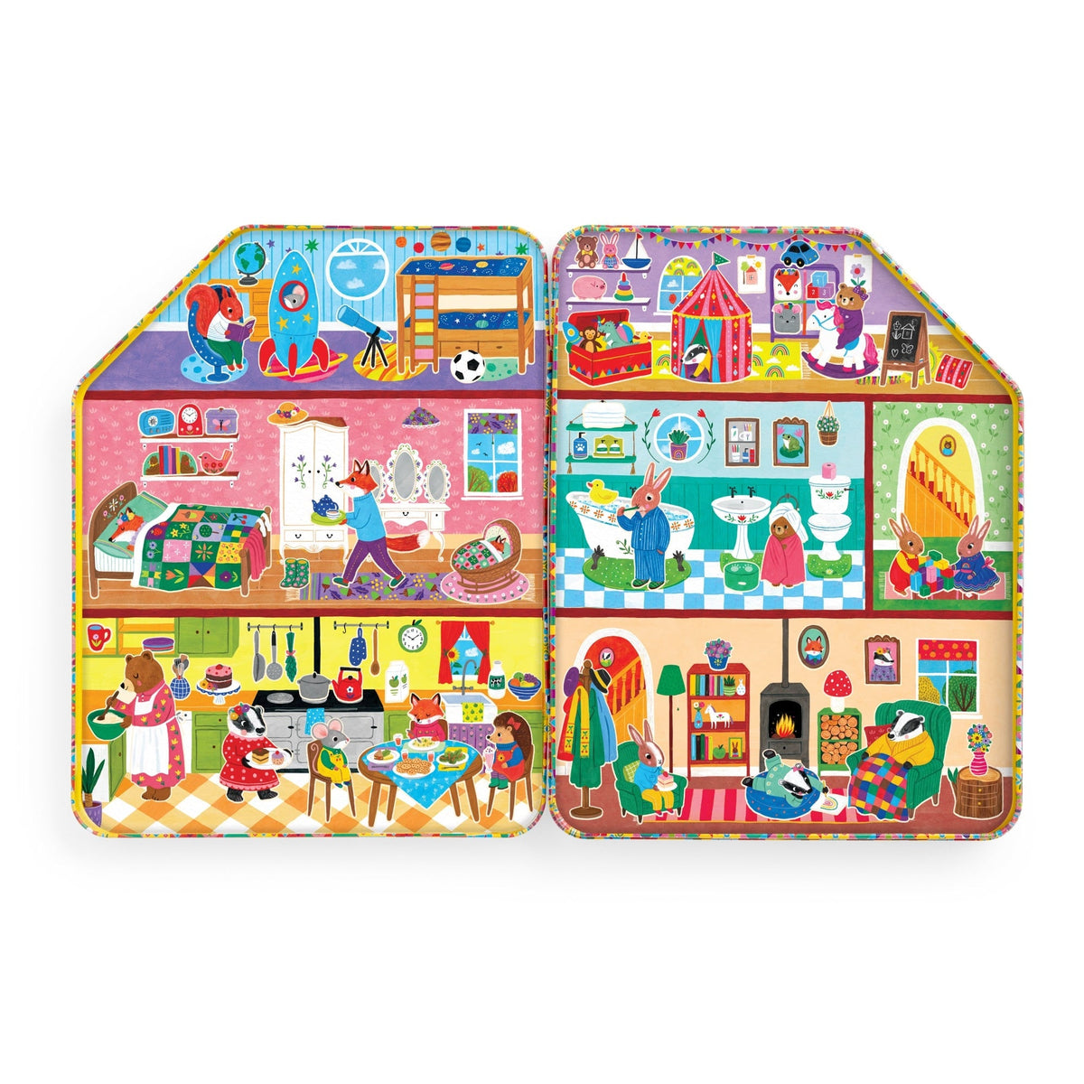 Colorful toy house with various rooms and activities on a white background