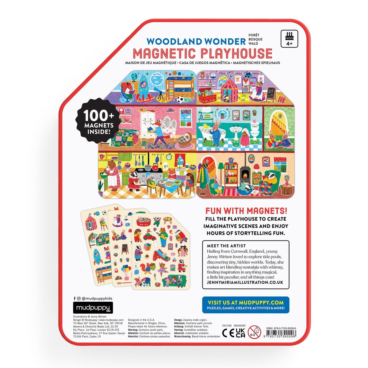Colorful toy house with various rooms and activities with illustrated cover art showing woodland animals and playhouse scenes, photographed on a white background
