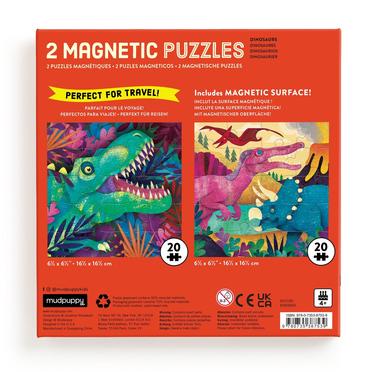 Back of the Dinosaurs Roar! Magnetic Puzzle Set box by Mudpuppy, showing two completed 20-piece dinosaur puzzle designs, barcode information, and safety labels.
