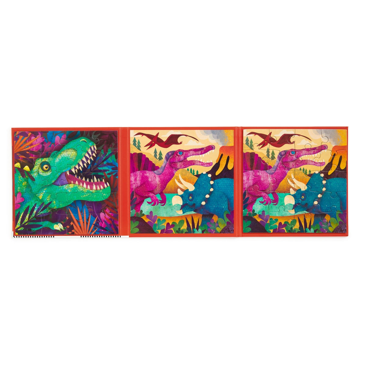Dinosaurs Roar! Magnetic Puzzle Set open flat to display two completed 20-piece dinosaur puzzle scenes inside a red trifold case.